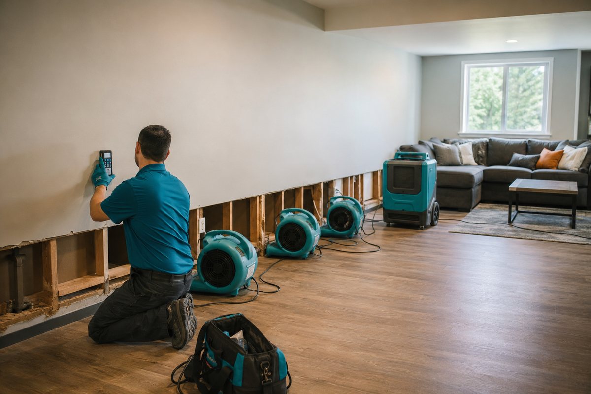 Air movers running in a finished lower level with the base of the walls opened for drying