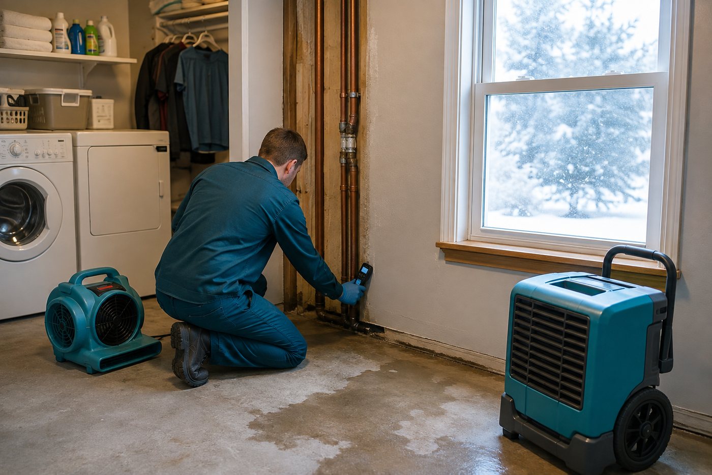 A moisture reading being taken in a laundry area with air movers and a dehumidifier running, snow visible outside