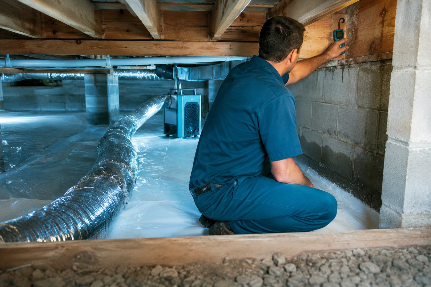 A drying duct running into a crawl space while a moisture reading is taken against the foundation wall