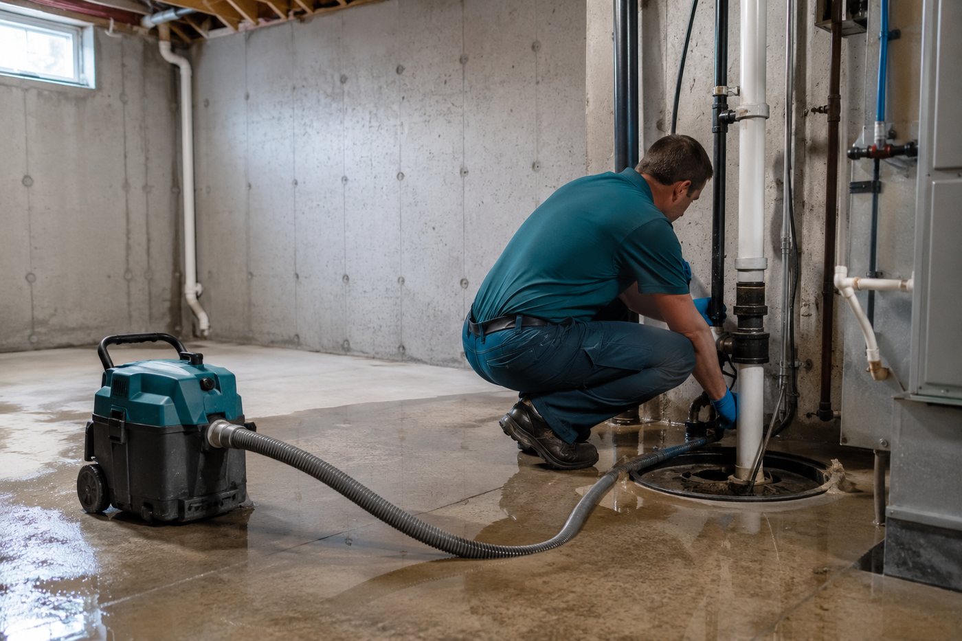 Water being extracted beside an open sump pit in an unfinished basement, with the floor still wet